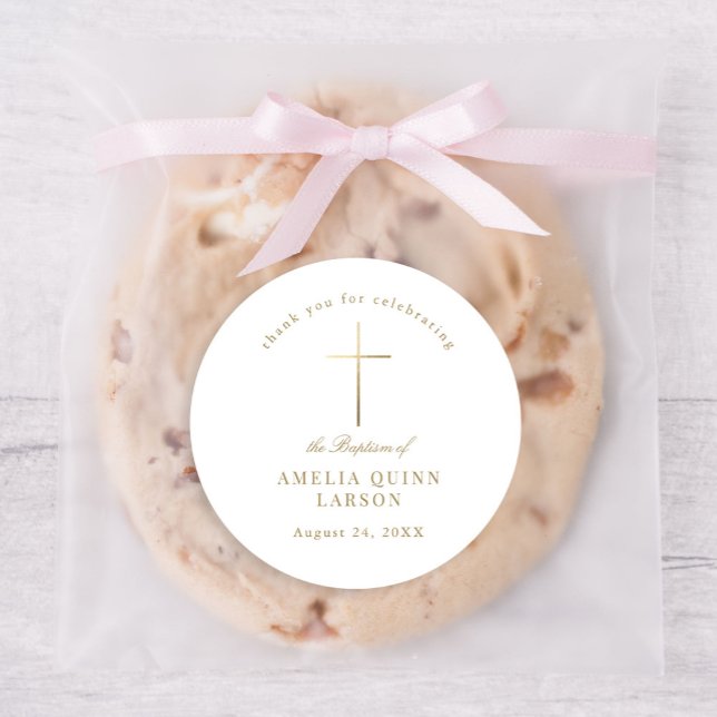 Simple Elegant Gold Cross Baptism Christening Classic Round Sticker (Creator Uploaded)