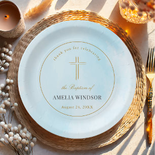 Simple Elegant Gold Cross Baptism Christening Paper Plate