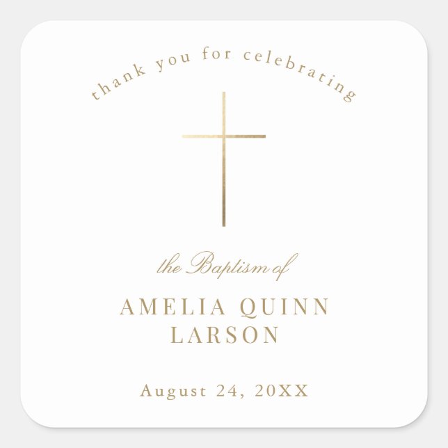 Simple Elegant Gold Cross Baptism Christening Square Sticker (Front)