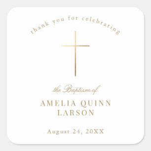 Simple Elegant Gold Cross Baptism Christening Square Sticker
