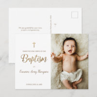 Simple Elegant Gold Cross Baptism Photo Thank You