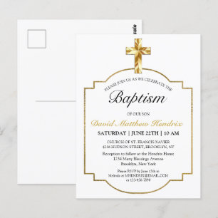 Simple Elegant Gold Cross Boys Baptism Invitation Postcard