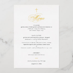 Simple Elegant Gold Cross Calligraphy Baptism Menu