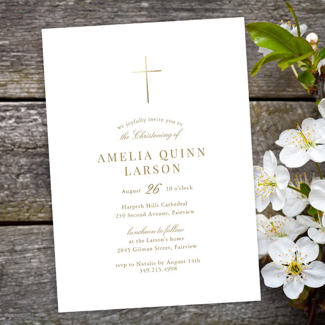 Simple Elegant Gold Cross Christening Invitation (Creator Uploaded)
