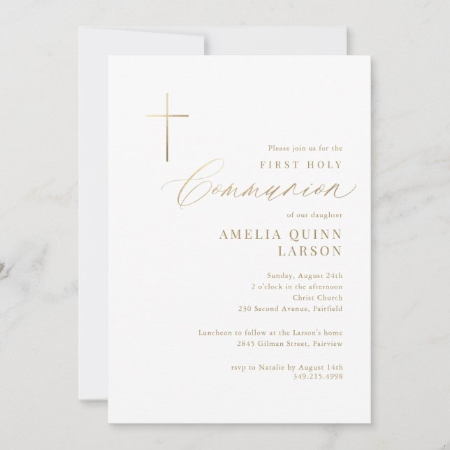 Simple Elegant Gold Cross First Holy Communion Invitation (Front)