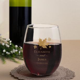 Simple Elegant Gold Fall Leaves Custom Wedding Stemless Wine Glass