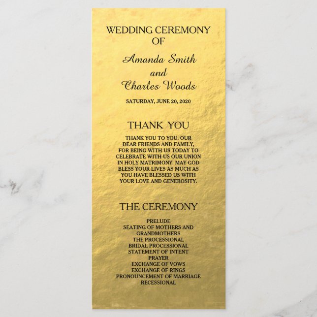 Simple Elegant Gold Faux Foil Wedding Programs Programme (Front)