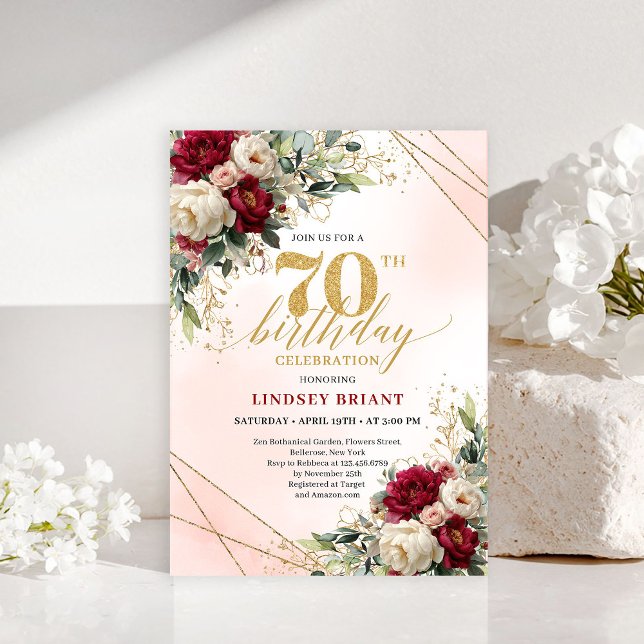 Simple Elegant Gold Floral 70th Birthday Invites (Simple Elegant Gold Floral 70th Birthday Invitation)