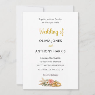 Simple Elegant Gold Floral Rose Wedding Invitation