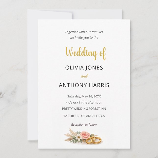 Simple Elegant Gold Floral Rose Wedding Invitation (Front)