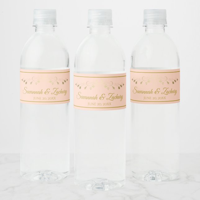 Simple Elegant Gold Flourish Coral Peach Wedding Water Bottle Label (Bottles)