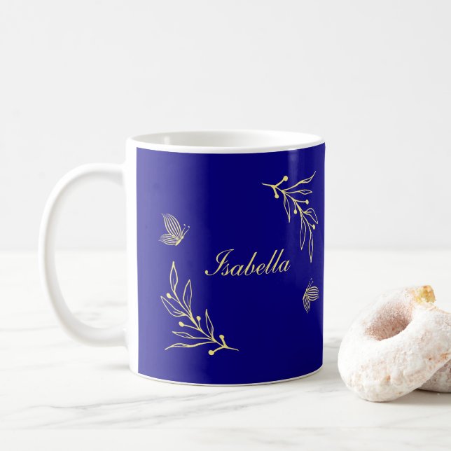 Simple elegant gold flower royal blue  coffee mug (With Donut)