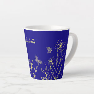 Simple elegant gold flower royal blue latte mug