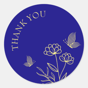 Simple elegant gold flower royal blue wedding classic round sticker