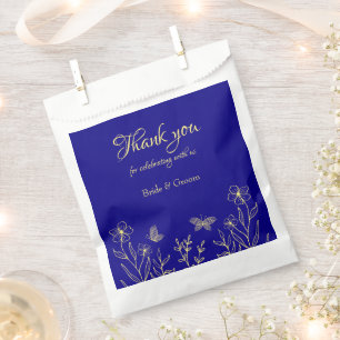 Simple elegant gold flower royal blue wedding favour bags