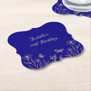 Simple elegant gold flower royal blue wedding paper coaster