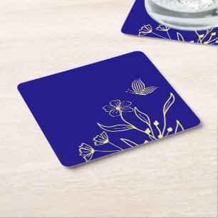 Simple elegant gold flower royal blue wedding square paper coaster