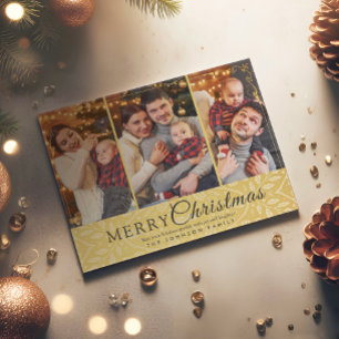Simple Elegant Gold Frame 3 Photo Christmas Holiday Postcard