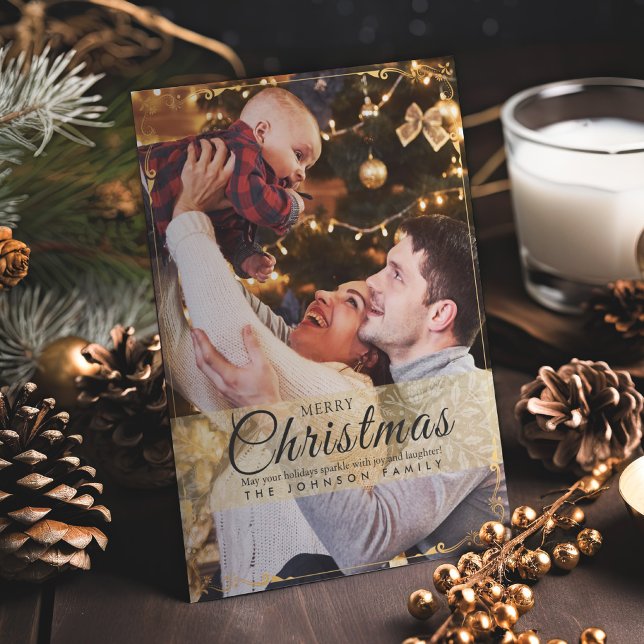 Simple Elegant Gold Frame Photo Christmas Holiday Card (Creator Uploaded)