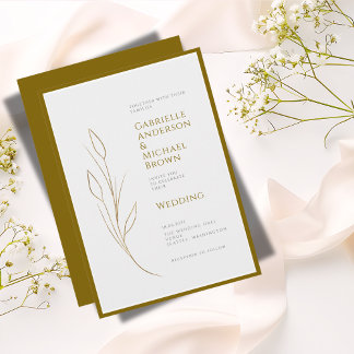 Simple Elegant Gold Grey Minimal Floral Wedding  Invitation