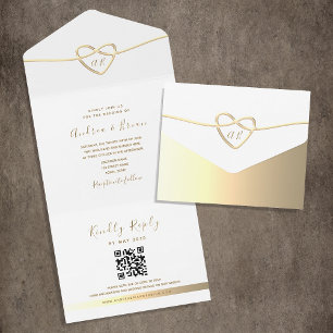 Simple Elegant Gold Monogram Wedding QR Code All In One Invitation