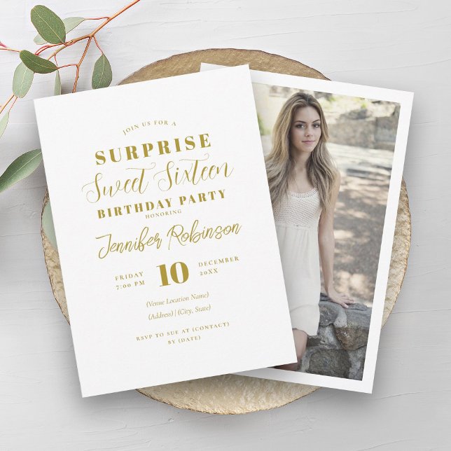 Simple Elegant Gold Photo SURPRISE Sweet 16   Invitation (Simple Elegant Gold Photo SURPRISE Sweet 16 Invitation)