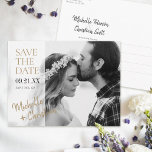 Simple Elegant Gold Photo Wedding Save the Date Announcement Postcard<br><div class="desc">Simply Chic. This stylish, modern wedding save the date postcard template has a clean and fresh design featuring a semi-transparent portion on the left for your text, lending a feeling of flow. To add to that effect, depending on the length of your first names, one or both might 'overflow' onto...</div>