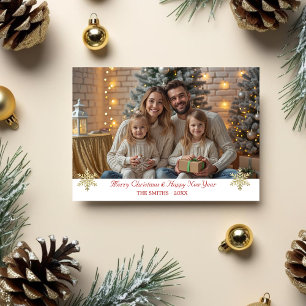 Simple Elegant Gold Snowflakes one photo Holiday Card