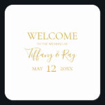 Simple Elegant Gold Wedding Welcome Square Sticker<br><div class="desc">This simple elegant gold wedding welcome square sticker is perfect for your modern minimalist white and gold wedding. The design features minimal contemporary gold font accompanied by formal calligraphy. Keep it as is,  or choose to personalise it with your own artwork or photos!</div>