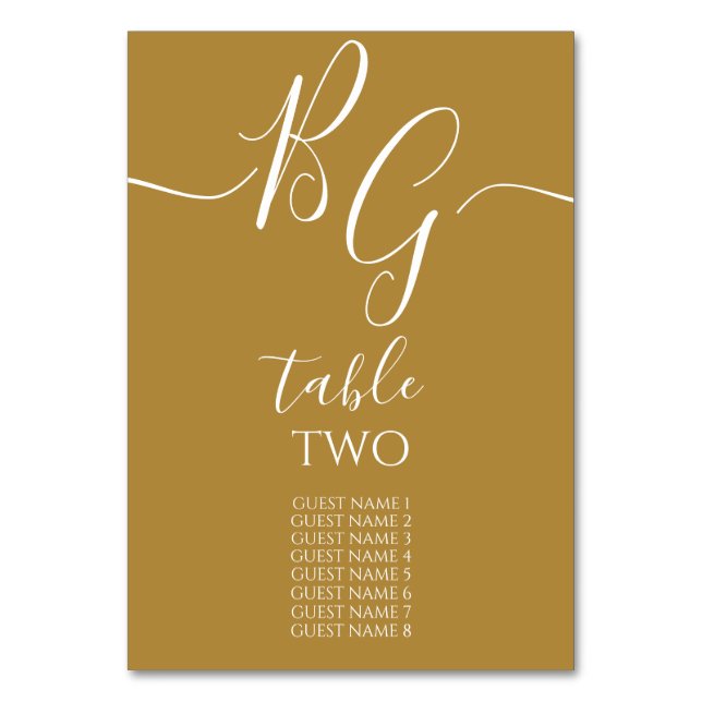Simple Elegant Golden Initials Wedding Guest Names Table Number (Front)