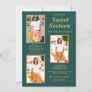 Simple Elegant Green Gold Photo Sweet Sixteen Invitation