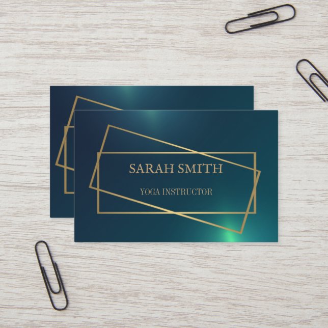 Simple Elegant Green Golden Yoga Instructor Business Card (Front/Back In Situ)