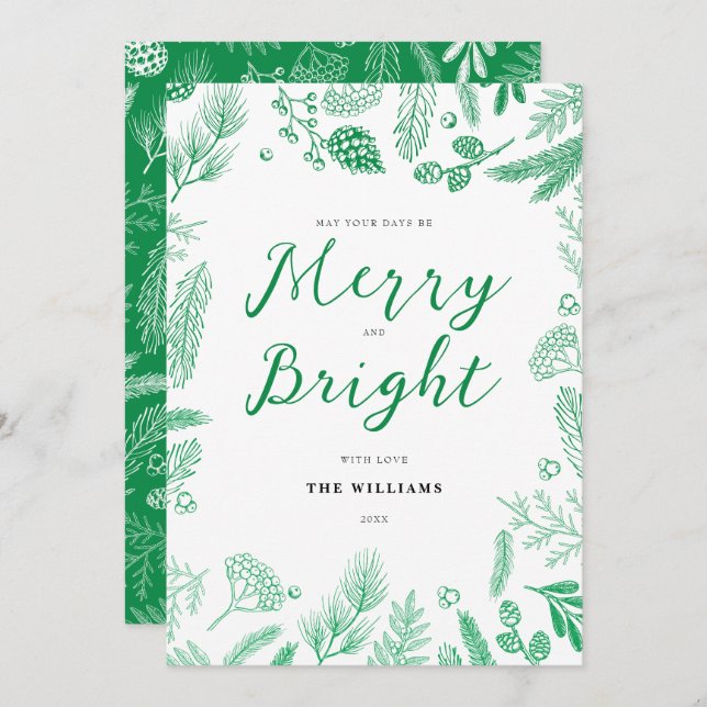 Simple Elegant Green Merry and Bright Christmas Holiday Card (Front/Back)