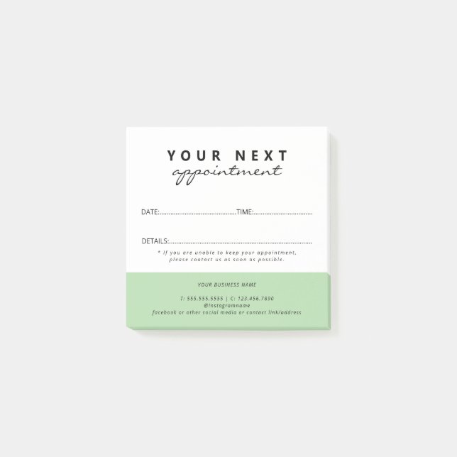 Simple Elegant Green White Salon Appointment Post-it Notes (Front)