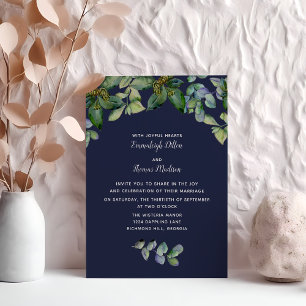 Simple Elegant Greenery   Navy Blue Wedding Invitation