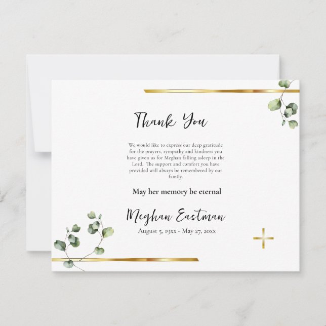 Simple, Elegant Greenery Orthodox Funeral Thank You Card (Front)