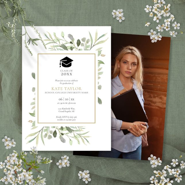 Simple Elegant Greenery Photo Graduation Party Invitation (Simple Elegant Greenery Photo Graduation Party Invitation)