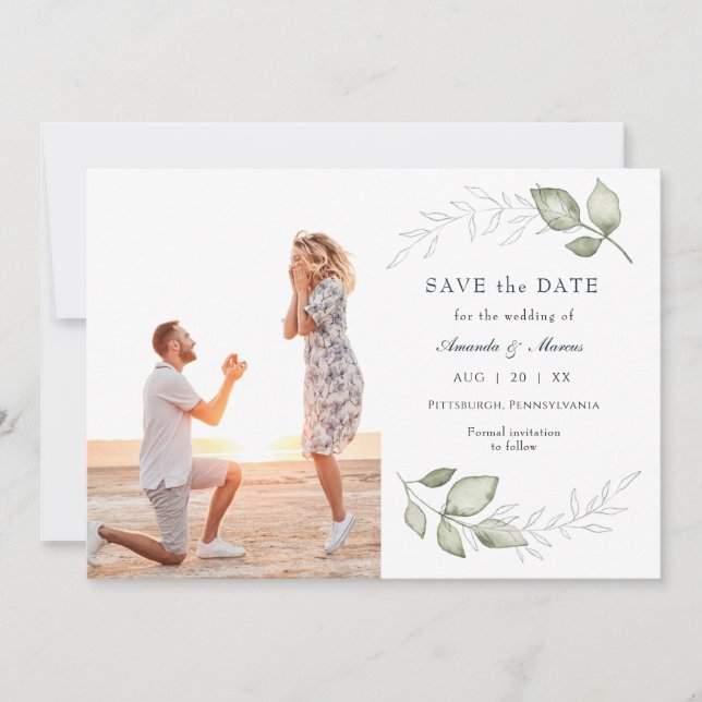 Simple Elegant Greenery Photo Save the Date Invitation (Front)