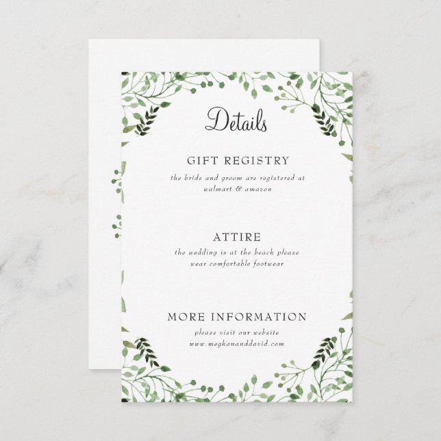 Simple Elegant Greenery Wedding Details Enclosure Card (Front/Back)