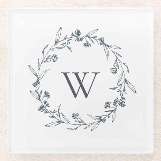 Simple Elegant Grey Floral Laurel Wreath Monogram Glass Coaster (Front)