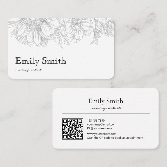 Simple Elegant Grey Floral Line Art QRCode Business Card (Front/Back)