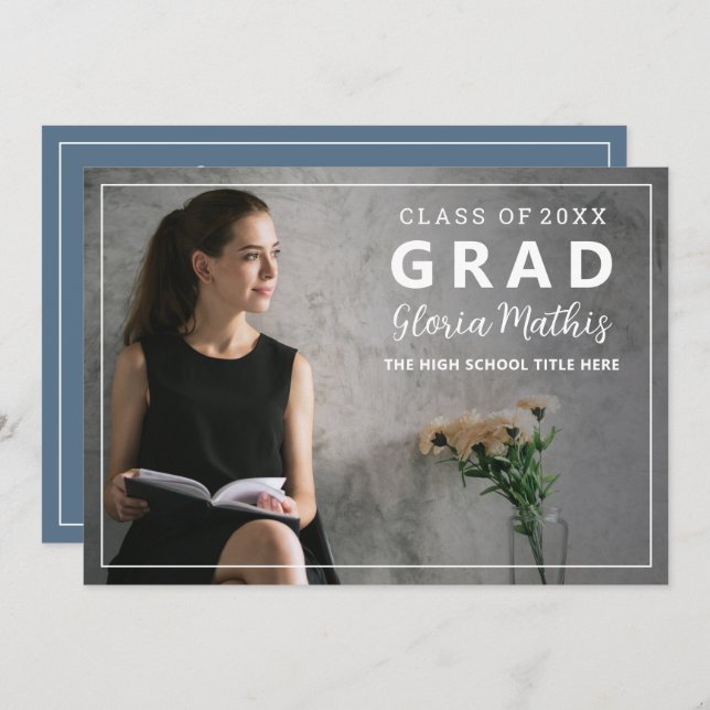 Simple Elegant Grey & White Photo Graduation Party Invitation (Front/Back)