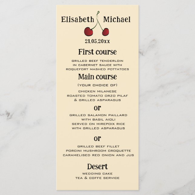Simple elegant hand drawn whimsy red cherry menu (Front)