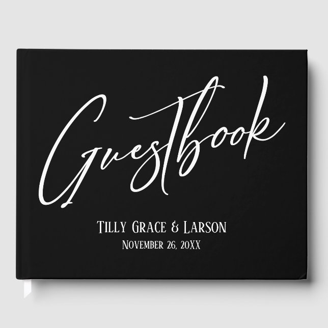 Simple Elegant Handwriting Black Guestbook (Front)