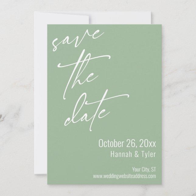 Simple Elegant Handwriting Script Sage Green Save The Date (Front)