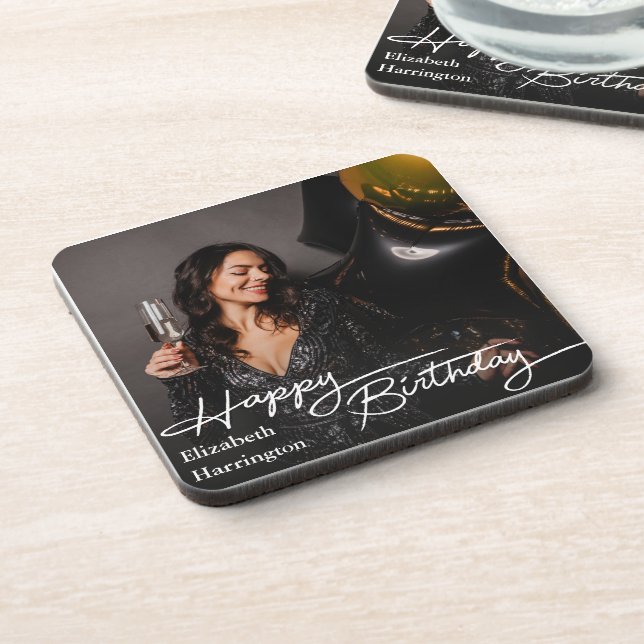 Simple Elegant Happy Birthday Photo Coaster (Left Side)
