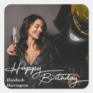 Simple Elegant Happy Birthday Photo Square Sticker