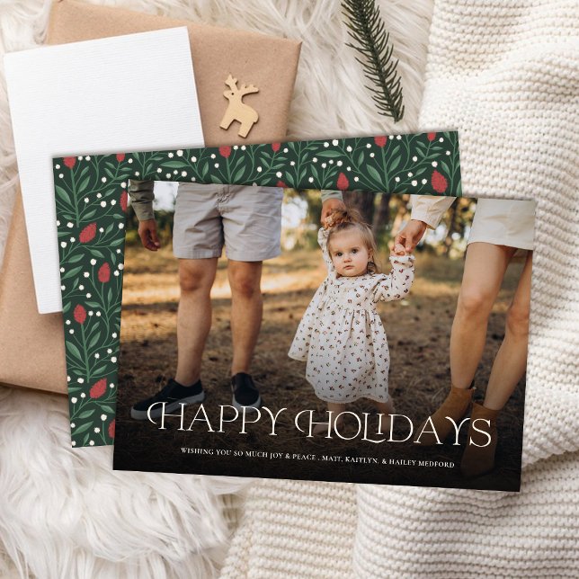 Simple Elegant Happy Holidays Floral Back  Holiday Card (Creator Uploaded)