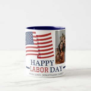 Simple Elegant Happy Labour Day with USA flag Phot Two-Tone Coffee Mug