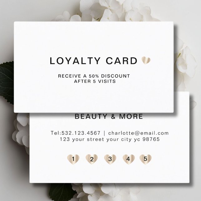 Simple Elegant Heart 5 Visit Loyalty Card (Personalized Simple Elegant Heart 5 Visit Loyalty Card White Gold.)